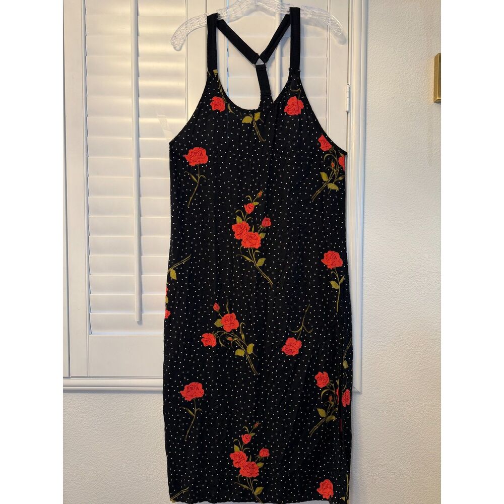Volcom Black Polka Dot Red Rose Asymmetrical Sharkbite Dress Size M